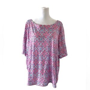 Talbots 3X petite top short sleeves scalloped neckline geometric pink blue